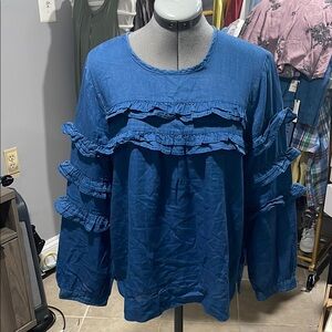 J. Crew Chambray Blue Ruffle Top with back tie-closure, Size 12, EYC,